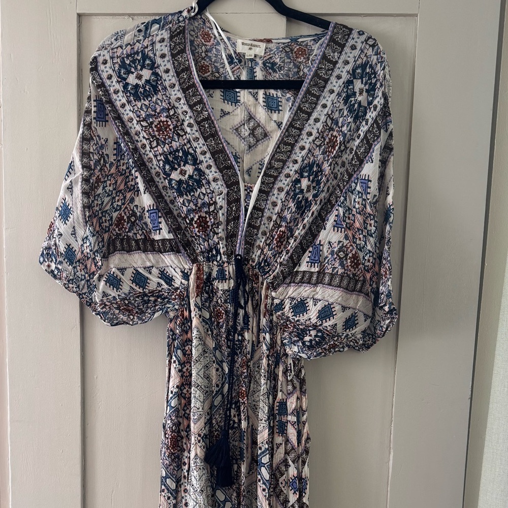 World Market Boho Maxi Dress L/XL – Blue Multicolor Pattern